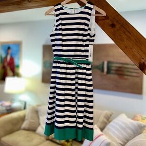 NWT Eliza J sleeveless dress blue & white stripe with green belt and band